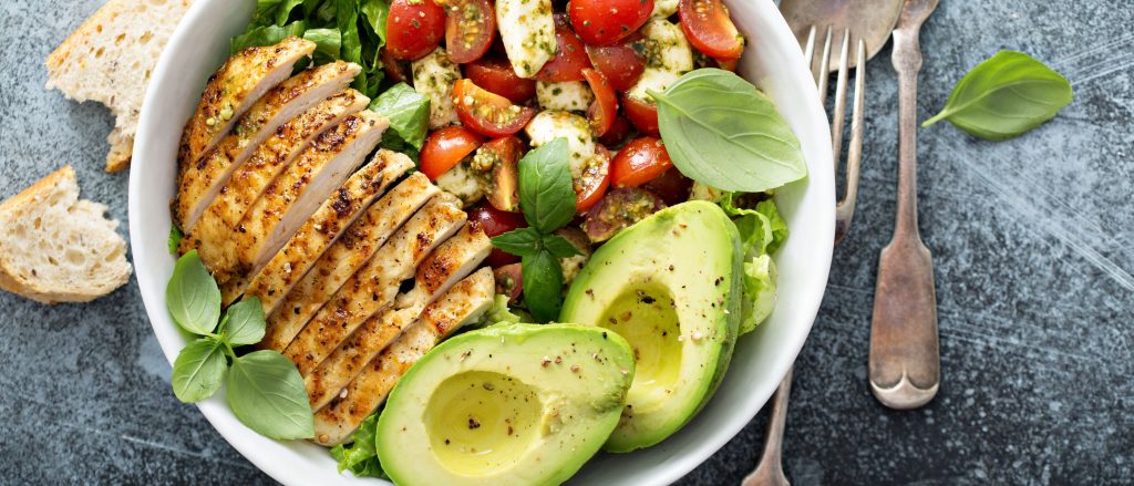 Caprese bowl with grilled chicken and avocado