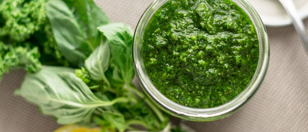 Grilled flat iron steak topped with a fresh and zesty lemon basil pesto sauce.