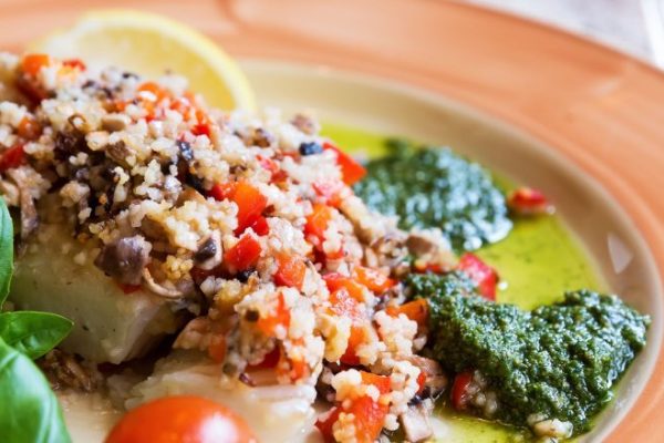 Baked Halibut with Vegetable Garnish, and Couscous