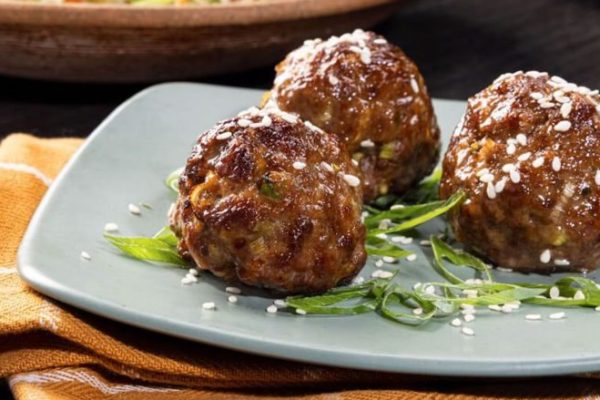 Air Fryer Ginger Soy Meatballs with Sesame Slaw