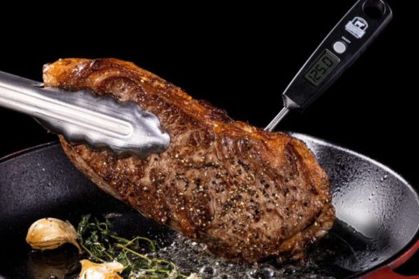 Steak on skillet with thermometer